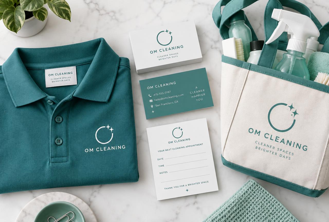 Proposed OM Cleaning branding concepts on a polo shirt, cards and a tote bag
